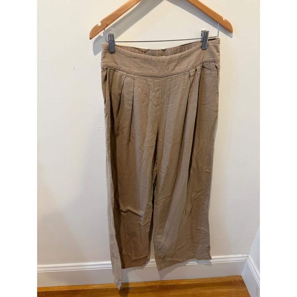 Abercrombie & Fitch Tan Linen Blend Wide Leg Pleated Pull On Pants Medium